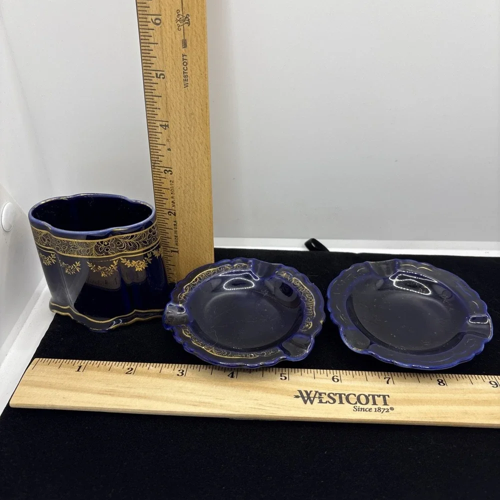 Vintage Lindner‎ Kueps Bavaria Echt Cobalt Blue Cigarette Holder & 2 Ashtrays